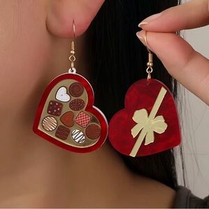 Heart-Shaped Chocolate Box Red and Gold Earrings